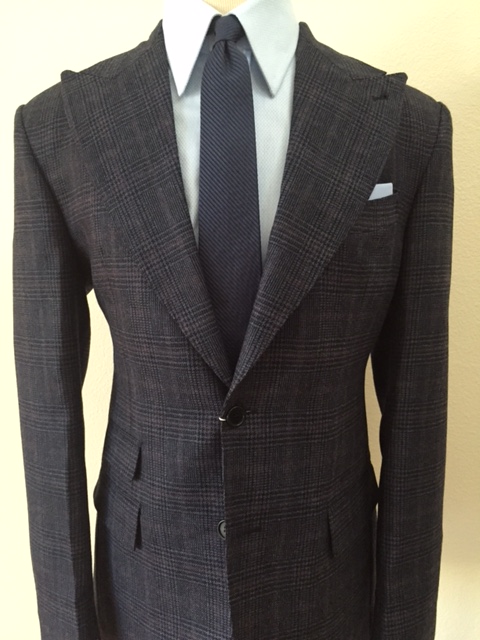Blue Cerrutti plaid fall wool suit in Tom Ford peak lapel, ticket pocket,  double vent - Winston & Lee