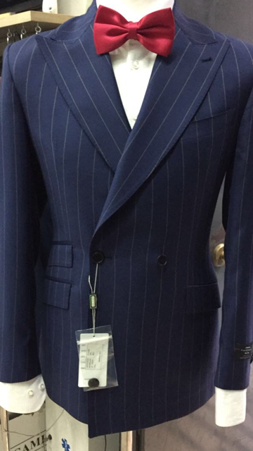 Navy pinstripe two button double breasted super 150 Cerruti wool suit with Tom  Ford peak lapel, slanted ticket pocket - Winston & Lee