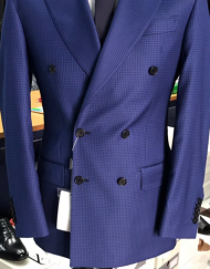 Navy blue gingham super 150 Cerruti  double breasted wool suit with wide peak lapel double vent/open button sleeves/flat front pant.