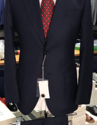 Navy super 150 Cerruti  2 button wool suit with peak lapel double vent/open button sleeves/flat front pant/patch pocket.