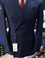 Navy super 150 Cerruti double breasted wool suit with wide peak lapel/double vent/open button sleeves/flat front pant.