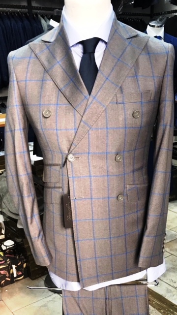 Grey/blue super 150 Cerruti double breasted wool suit with wide 5 inch hand stitched peak lapel, slanted ticket pocket, flat front pant, double vent. Slim fit. Available in sizes: 38-50 Reg/Long