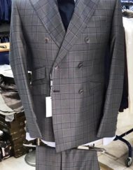 Grey windowpane super 150 Cerruti double breasted wool suit with wide 5 inch hand stitched peak lapel, slanted ticket pocket, flat front pant, double vent. Slim fit. Available in sizes: 38-50 Reg/Long