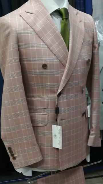 Super 150 Cerruti pink plaid double breasted wool suit with 5 inch wide peak lapel, hand stitched, ticket pocket, double vents available in size 36-52 regular.