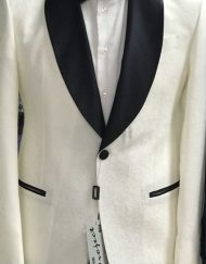Off white and black Floral silk and wool shawl lapel dinner jacket with tuxedo black pant. Available in size:38-60 reg/long. Double vent, open button sleeves.