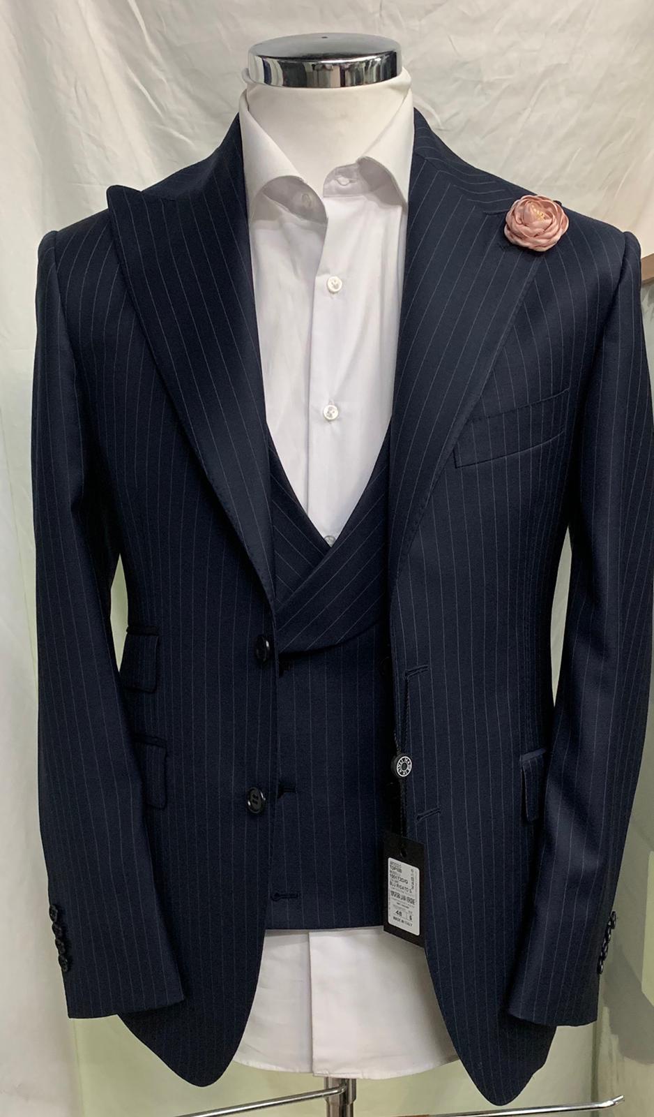 Tailored pinstripe royal blue Italian peaked lapels 3 piece suit
