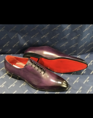 Purple all leather luxury lace up dress shoe for men. With orange red bottom. Comfortable, soft leather. Made in Italy. Available in size 7-14. It can be custom made in any size and color for $100 more