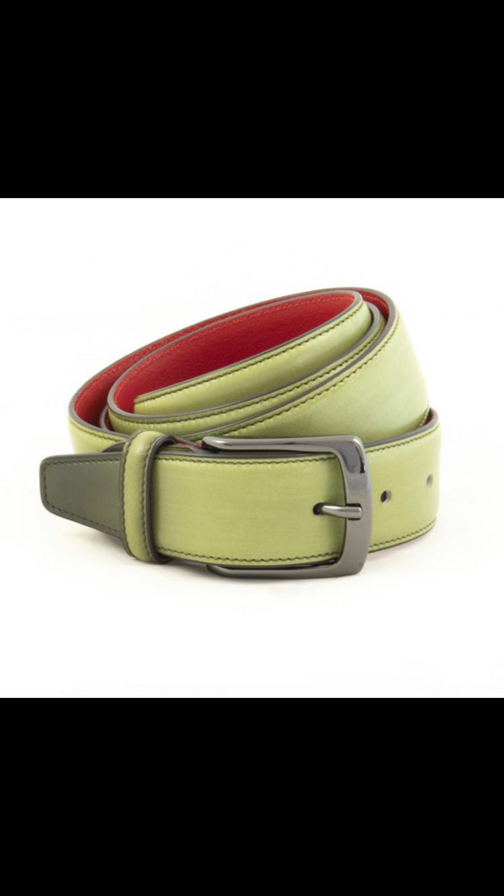 Green calf skin all leather slip on with tassel and matching belt . Cut from a single sheet of leather. Almond burnish toe, leather insole and out sole. Comfortable 1 inch heel. Available in size 7/41-13/46. We ship world wide from our warehouse in Italy via DHL in 5-7 to you. - Image 2