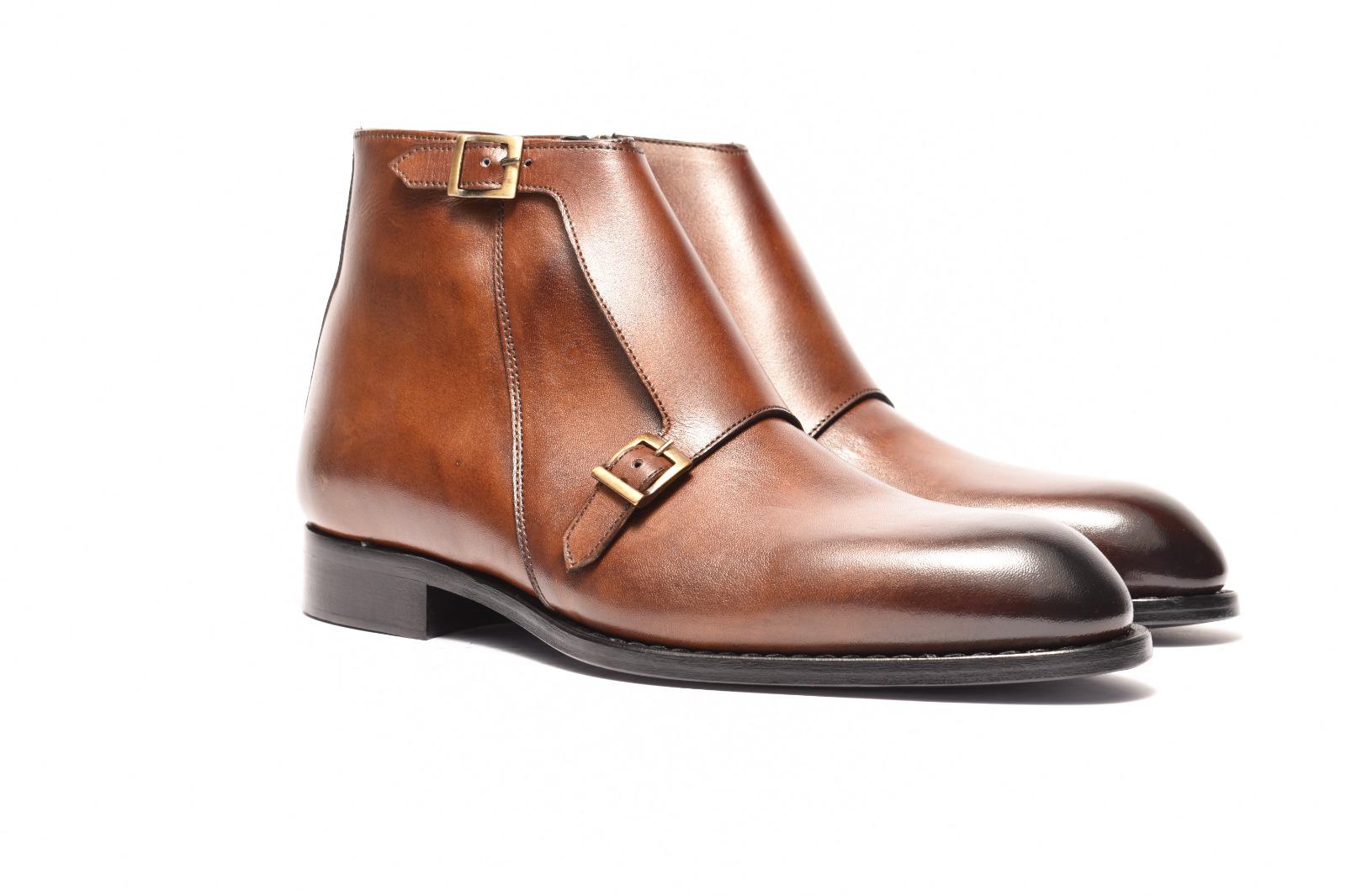Brown calf skin all leather double monk strap ankle boot. Almond burnished toe, leather insole and out sole. Comfortable 1.5 inch heel. Available in size 7/41-13/46. We ship world wide from our warehouse in Italy via DHL in 5-7 to you.