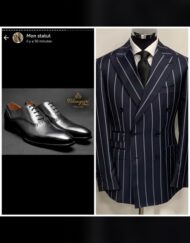 Navy super 150 Cerruti double breasted pinstripe wool suit with matching lace up. Soft Neapolitan shoulders on the suit, wide peak lapel, versatile and relax fit, flat front pant. Available in size 38-60 R/L. Both combination on sale. I will put this suit and any of our collection against any suit from Savile row in London.