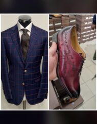 Blue with red windowpane super 150 Cerruti  wool blazer with matching all leather burgundy lace up. Soft Neapolitan shoulders on the suit, ticket pocket, wide 5 inch peak lapel, versatile and relax fit, flat front pant. Available in size 38-60 R/L. Both combination on sale. I will put this blazer and any of our collection against any suit from Savile row in London.