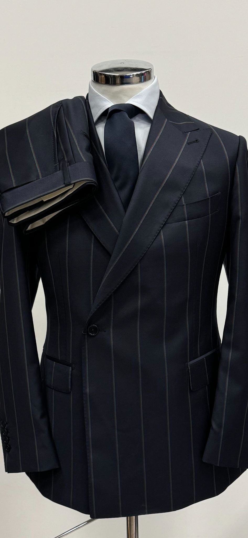 Navy wide pinstripe one button double breasted super 150 Cerruti wool suit