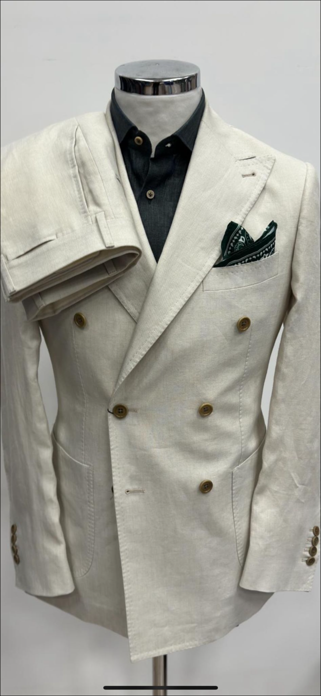 Off white double breasted 100% linen suit