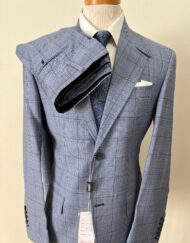 Light blue plaid reverse peak lapel super 150 wool suit
