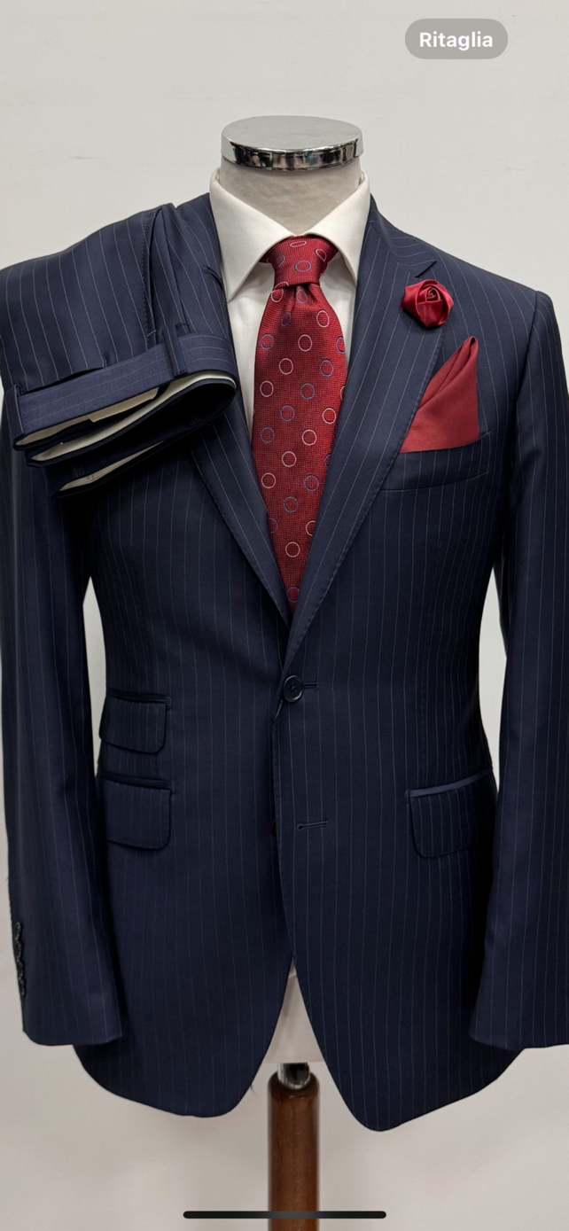 Navy pinstripe super 150 notch lapel wool suit