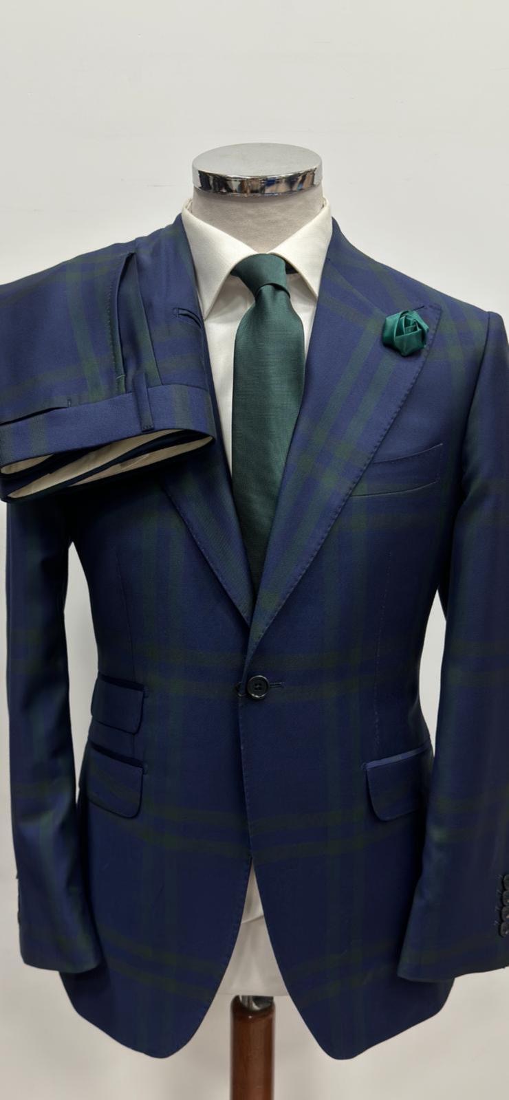 Green & navy Burberry fabric super 180 wool suit