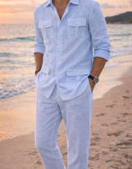 Sky blue 100% linen leisure wear