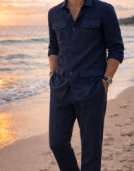 Navy blue 100% Italian linen leisure wear combination